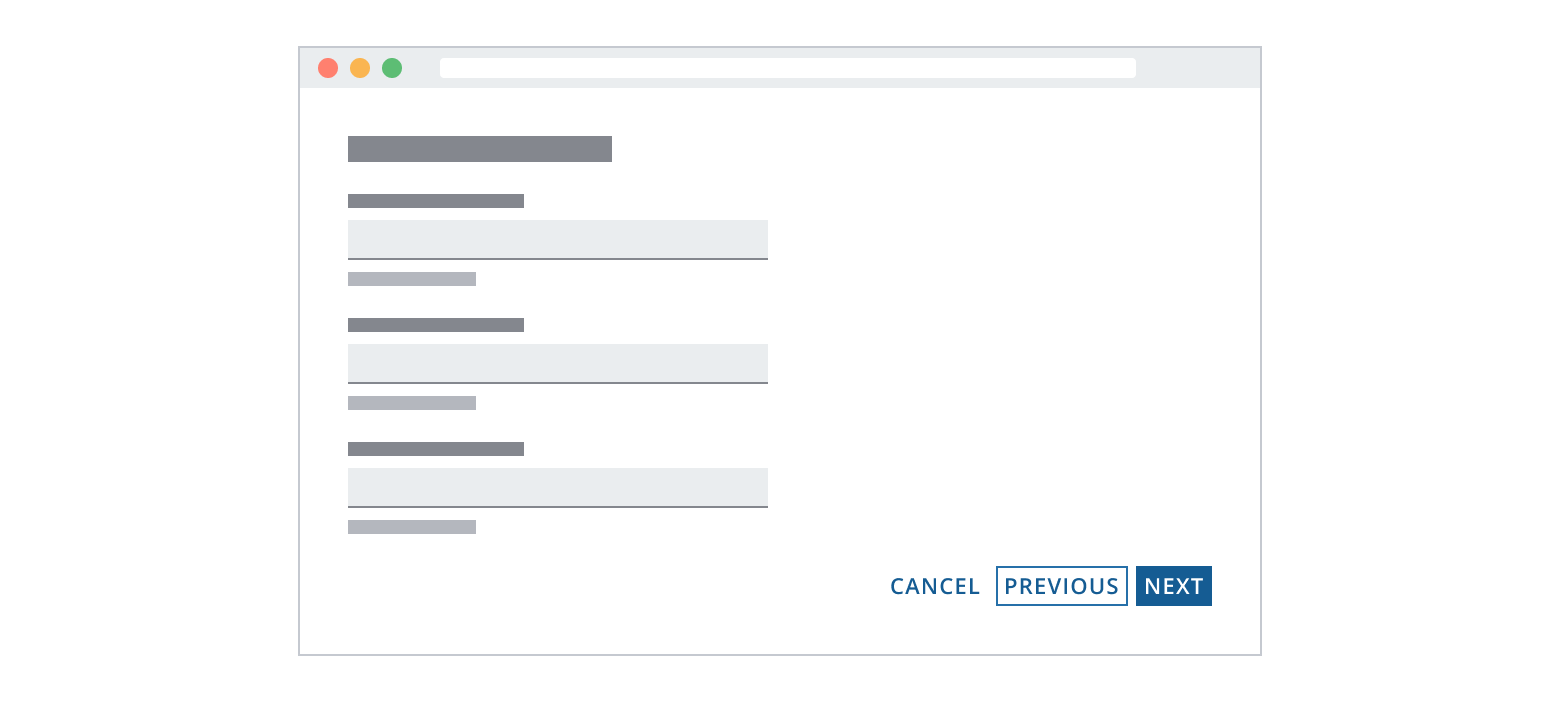 Example showing button bar with Next button on right as solid, Previous as bordered to the left of Next, and Cancel as transparent to the left of Previous.